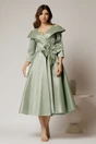 Rochie midi verde din tafta peliculizata cu floare ampla pe talie, 3, dyfashion.ro