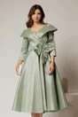 Rochie midi verde din tafta peliculizata cu floare ampla pe talie, 1, dyfashion.ro