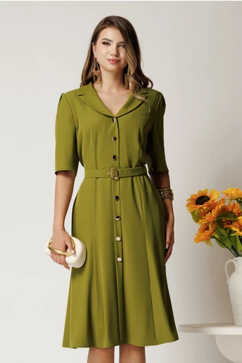 Rochie midi verde din triplu voal cu nasturi si cordon