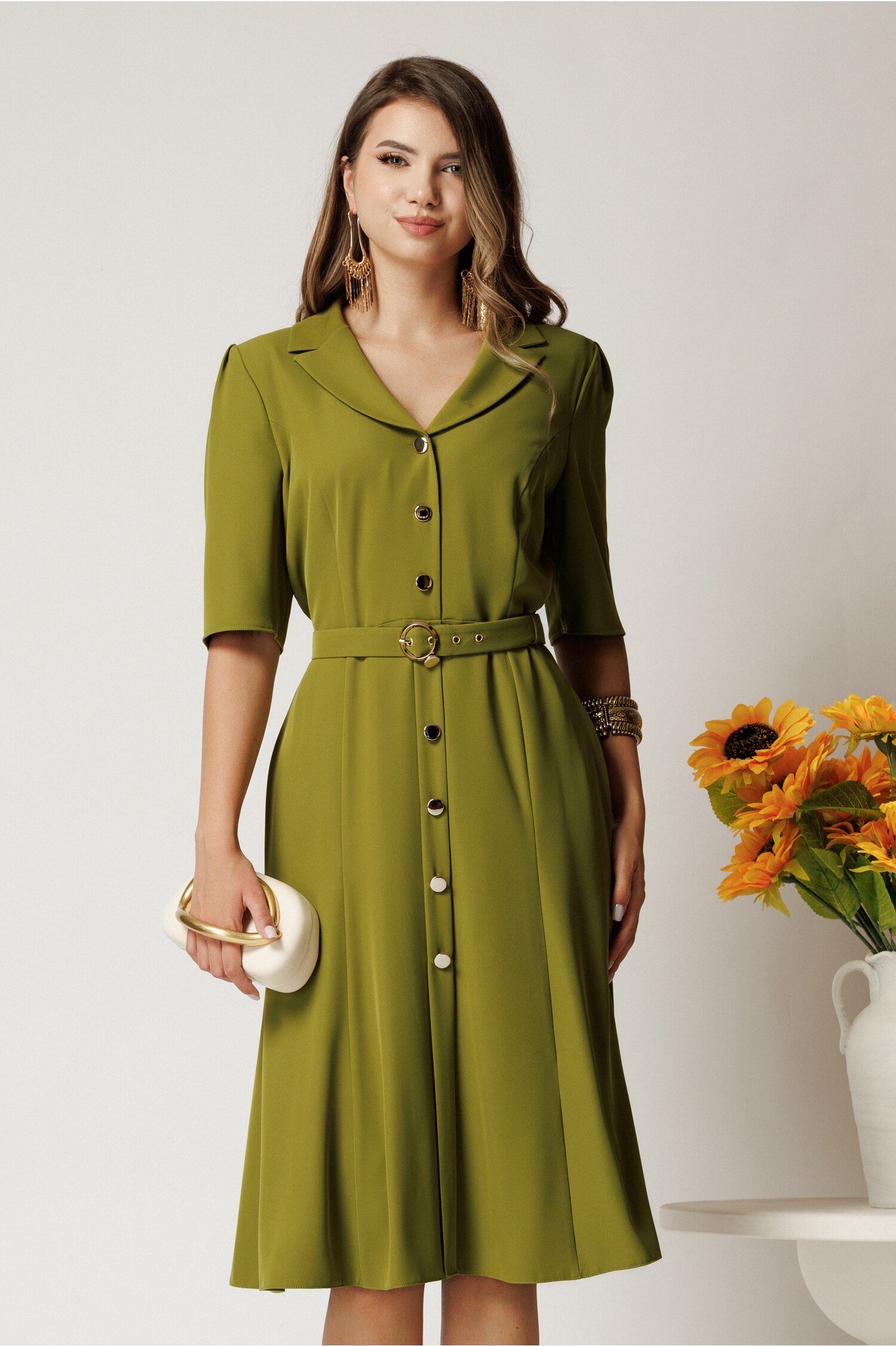 Rochie midi verde din triplu voal cu nasturi si cordon