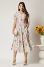 Rochie midi verde din viscoza cu flori roz in clos cu maneci scurte, 3, dyfashion.ro