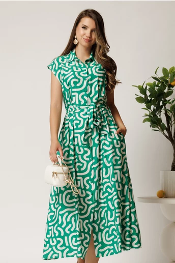 Rochie midi verde din viscoza cu imprimeu alb si cordon