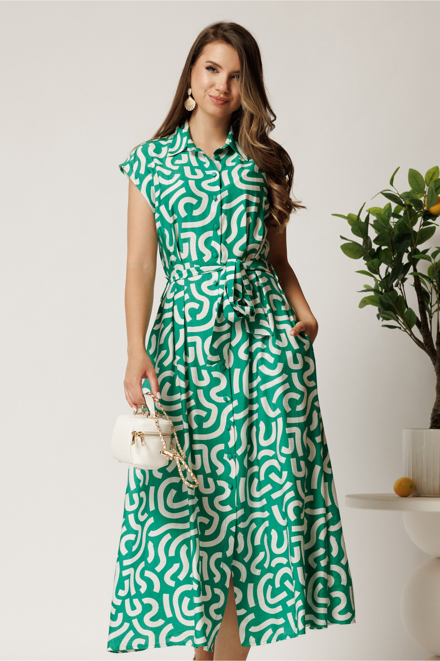 Rochie midi verde din viscoza cu imprimeu alb si cordon