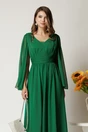 Rochie midi verde din voal creponat in clos cu maneci despicate