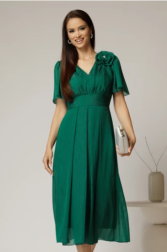 Rochie midi verde din voal cu fir lurex si floare la umar