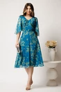 Rochie midi verde din voal cu imprimeu turcoaz si maneci vaporoase- Viada, 3, dyfashion.ro