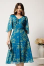Rochie midi verde din voal cu imprimeu turcoaz si maneci vaporoase- Viada, 1, dyfashion.ro