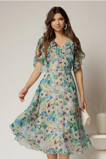 Rochie midi verde din voal cu imprimeuri lime si nasturi pe bust