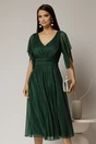 Rochie midi verde din voal cu sclipici si decolteu in V, 1, dyfashion.ro