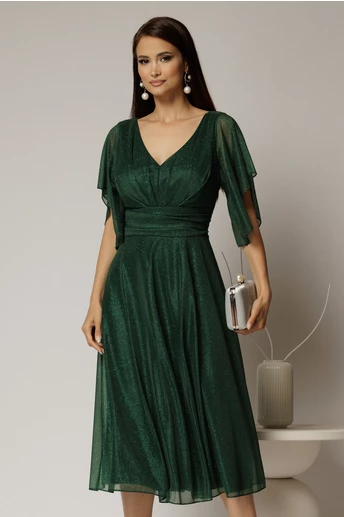 Rochie midi verde din voal cu sclipici si decolteu in V