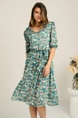 Rochie midi verde din voal in clos cu flori roz piersica si cordon in talie, 1, dyfashion.ro