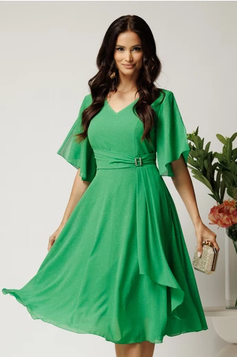 Rochie midi verde din voal in clos cu glitter si accesoriu in talie
