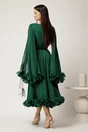 Rochie midi verde din voal satinat in clos cu maneci ample si curea din strasuri in talie, 2, dyfashion.ro