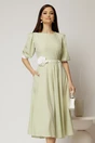 Rochie midi verde fistic cu buline si cordon detasabil in talie, 1, dyfashion.ro