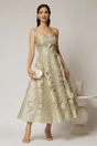 Rochie midi verde fistic de ocazie cu decupaje florale si perle, 1, dyfashion.ro