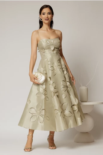Rochie midi verde fistic de ocazie cu decupaje florale si perle