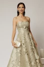 Rochie midi verde fistic de ocazie cu decupaje florale si perle, 3, dyfashion.ro