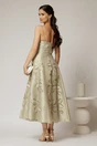 Rochie midi verde fistic de ocazie cu decupaje florale si perle, 2, dyfashion.ro