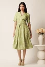 Rochie midi verde in clos cu imprimeu alb si cordon in talie, 3, dyfashion.ro