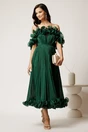 Rochie midi verde in clos din voal satinat cu volanase la bust si la baza, 2, dyfashion.ro
