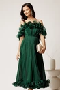 Rochie midi verde in clos din voal satinat cu volanase la bust si la baza, 1, dyfashion.ro