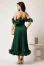 Rochie midi verde in clos din voal satinat cu volanase la bust si la baza, 3, dyfashion.ro