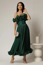 Rochie midi verde in clos din voal satinat cu volanase la bust si la baza, 1, dyfashion.ro