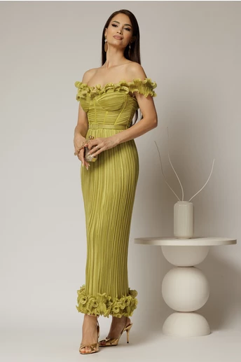 Rochie midi verde lime de ocazie cu bust tip corset si fusta plisata