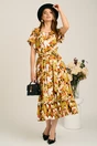 Rochie midi verde lime din viscoza in clos cu imprimeu maro si cordon in talie, 4, dyfashion.ro