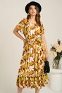 Rochie midi verde lime din viscoza in clos cu imprimeu maro si cordon in talie, 1, dyfashion.ro