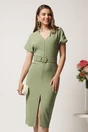 Rochie midi verde maslina conica cu nasturi pe umeri si curea in talie, 1, dyfashion.ro