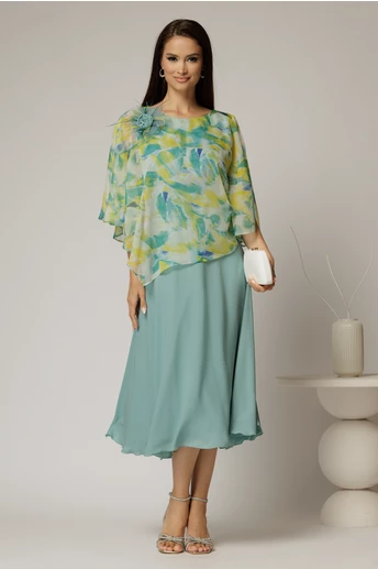 Rochie midi verde menta cu voal cu imprimeuri menta