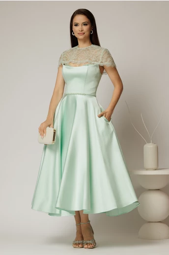 Rochie midi verde menta de ocazie din tafta cu dantela pe umeri