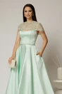 Rochie midi verde menta de ocazie din tafta cu dantela pe umeri, 3, dyfashion.ro