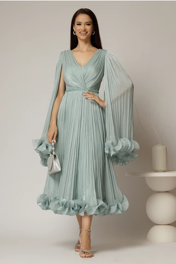 Rochie midi verde menta din voal satinat in clos cu maneci ample si curea din strasuri in talie