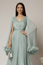 Rochie midi verde menta din voal satinat in clos cu maneci ample si curea din strasuri in talie, 3, dyfashion.ro