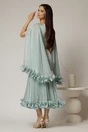 Rochie midi verde menta din voal satinat in clos cu maneci ample si curea din strasuri in talie, 2, dyfashion.ro