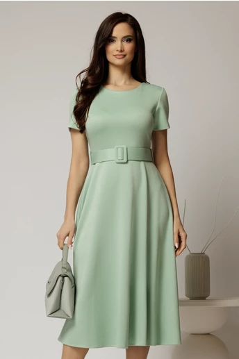 Rochie midi verde mint cu maneca scurta si curea in talie cu adaos de viscoza