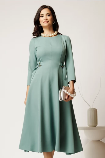 Rochie midi verde mint din stofa in clos cu catarame in talie