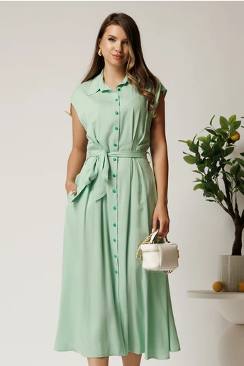 Rochie midi verde mint din viscoza cu nasturi si cordon