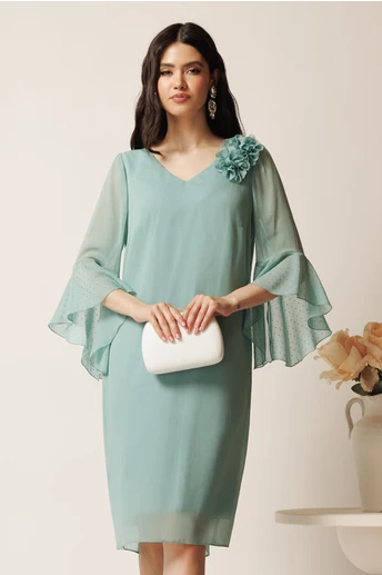 Rochie midi verde mint din voal cu croi drept si strasuri pe maneci- Viada