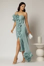 Rochie midi verde mint din voal peliculizat cu croi conic si volanase, 1, dyfashion.ro