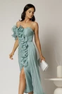 Rochie midi verde mint din voal peliculizat cu croi conic si volanase, 3, dyfashion.ro