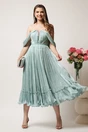 Rochie midi verde mint in clos din voal satinat cu aplicatii cazute pe umeri, 3, dyfashion.ro