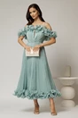 Rochie midi verde mint in clos din voal satinat cu volanase la bust si la baza, 1, dyfashion.ro