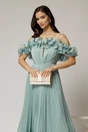 Rochie midi verde mint in clos din voal satinat cu volanase la bust si la baza, 3, dyfashion.ro