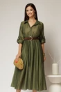 Rochie midi verde olive din tencel si curea maro in talie, 1, dyfashion.ro