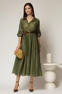 Rochie midi verde olive din tencel si curea maro in talie, 3, dyfashion.ro
