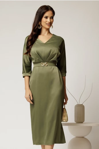 Rochie midi verde satinata cu decolteu in V