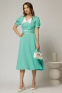 Rochie midi verde turcoaz cu guler alb in contrast si cordon cu insertii, 3, dyfashion.ro